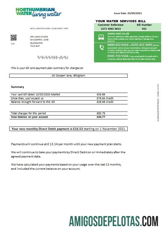 Para baixar modelo de conta de serviços públicos de água da Nortúmbria do Reino Unido em formato Word e PDF, versão 1